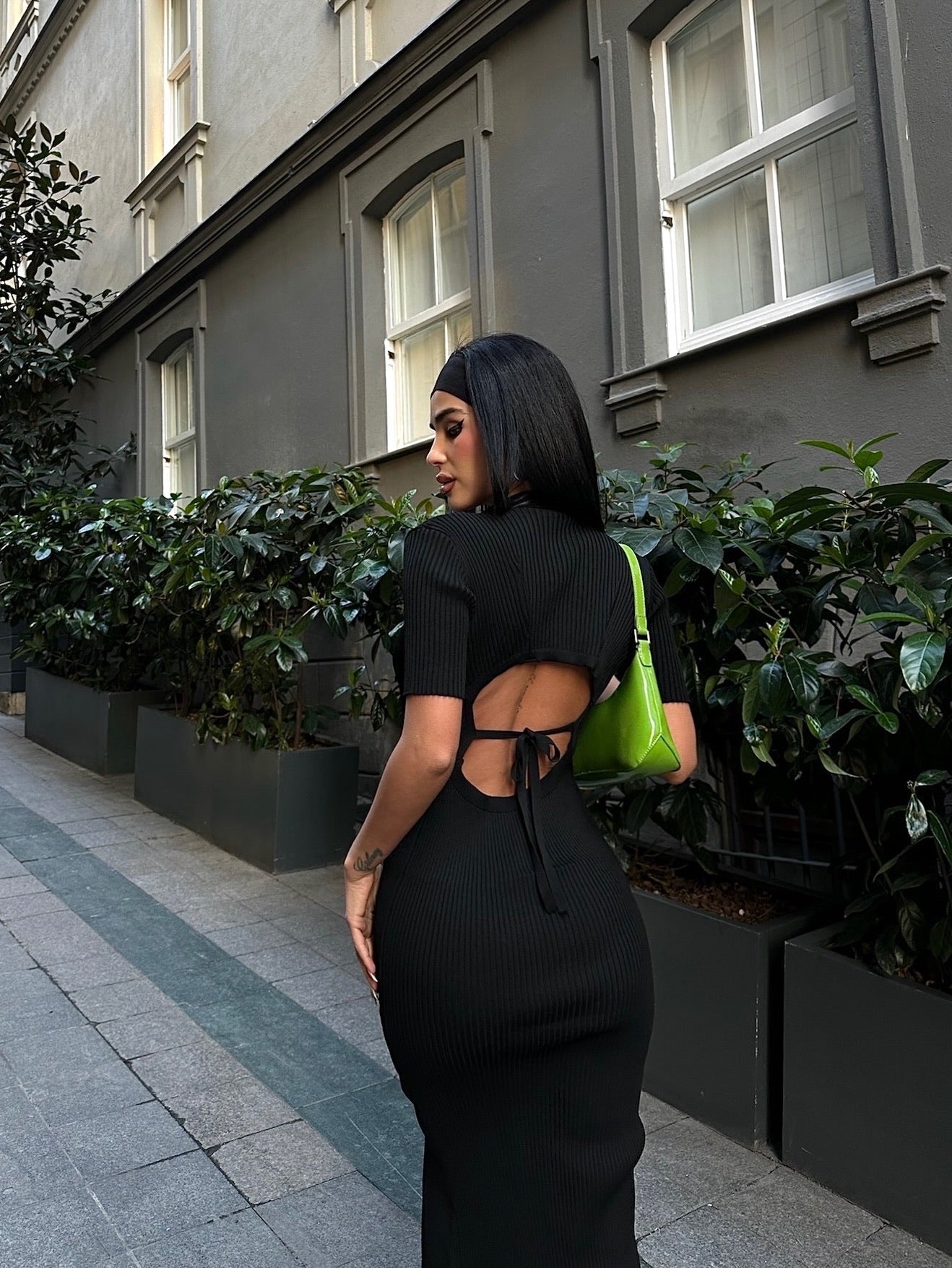 V-Neck Knitted Button Detail Midi Dress