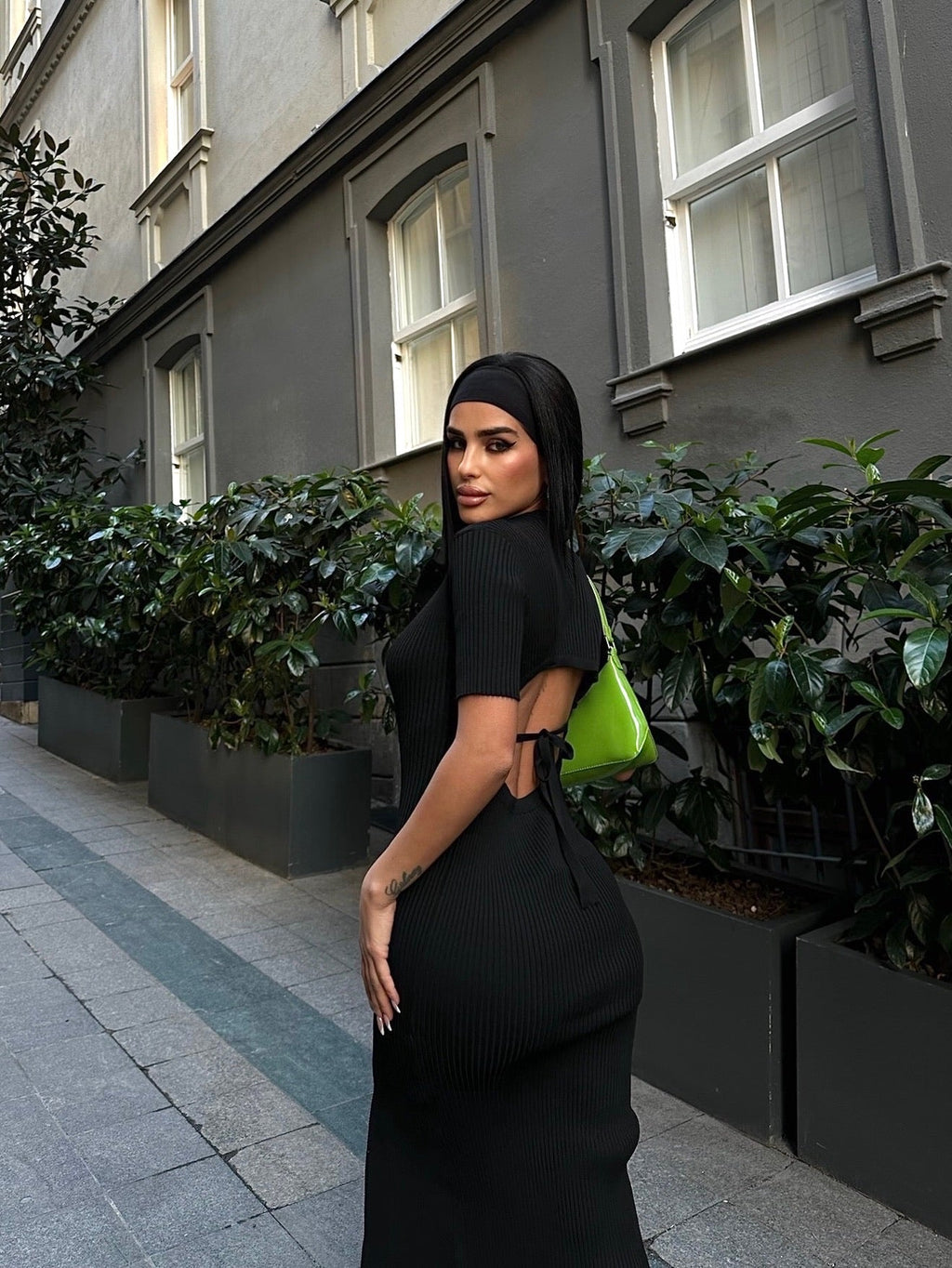 V-Neck Knitted Button Detail Midi Dress