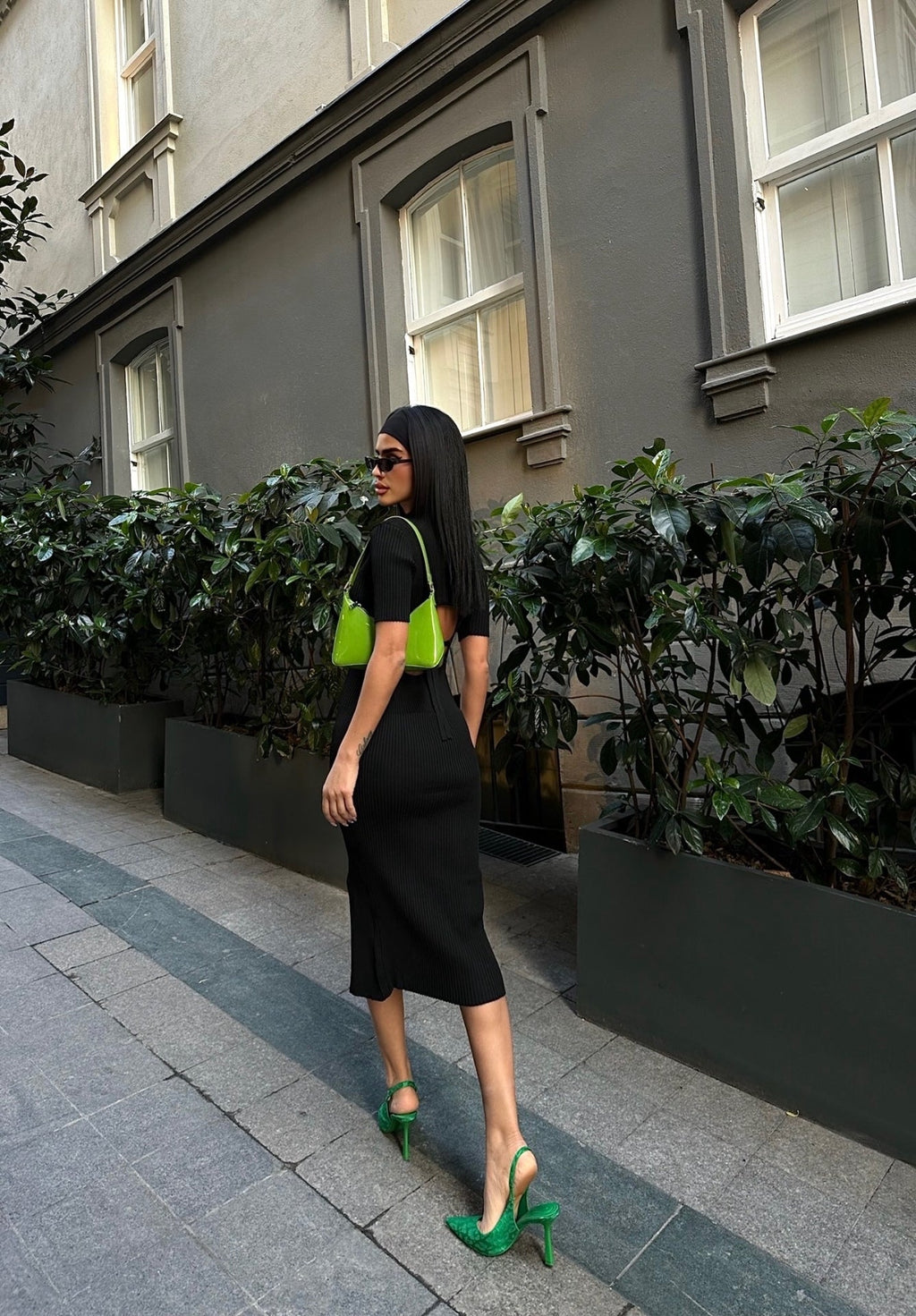 V-Neck Knitted Button Detail Midi Dress