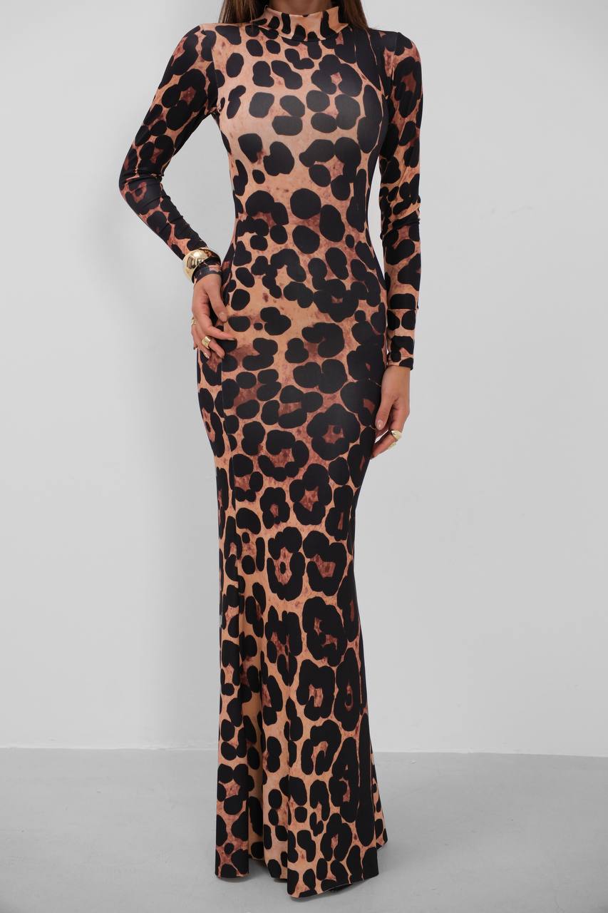 Turtleneck Leopard Patterned Maxi Dress