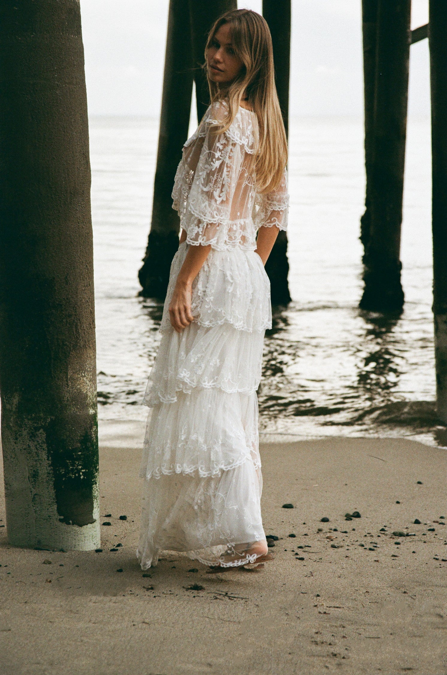 Celesa Embroidered Mesh Tiered Maxi Skirt