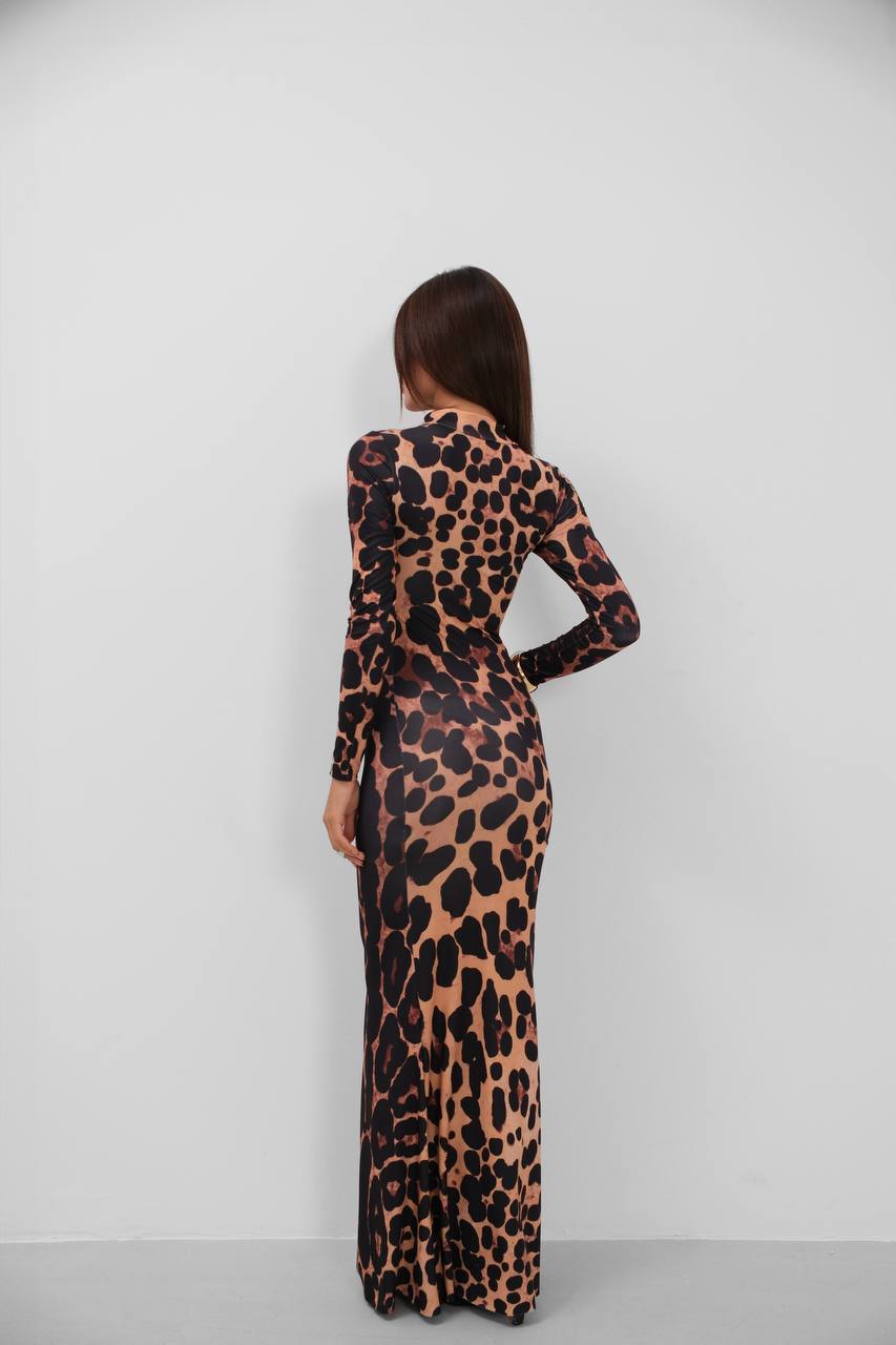 Turtleneck Leopard Patterned Maxi Dress