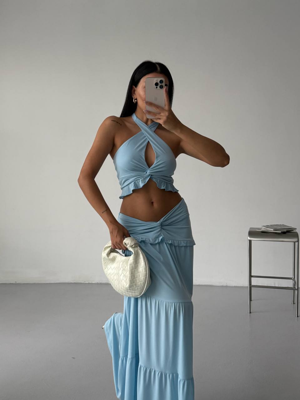 Knot Detail Ruffled Cropped Assymetrical Top and Skirt Set