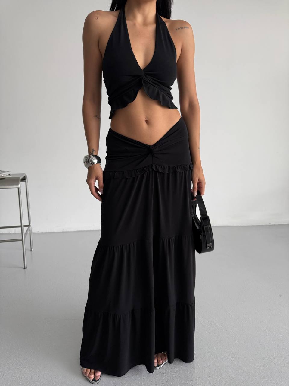 Knot Detail Ruffled Cropped Assymetrical Top and Skirt Set