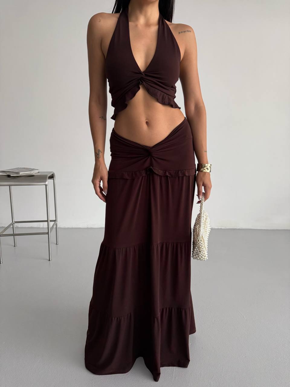 Knot Detail Ruffled Cropped Assymetrical Top and Skirt Set