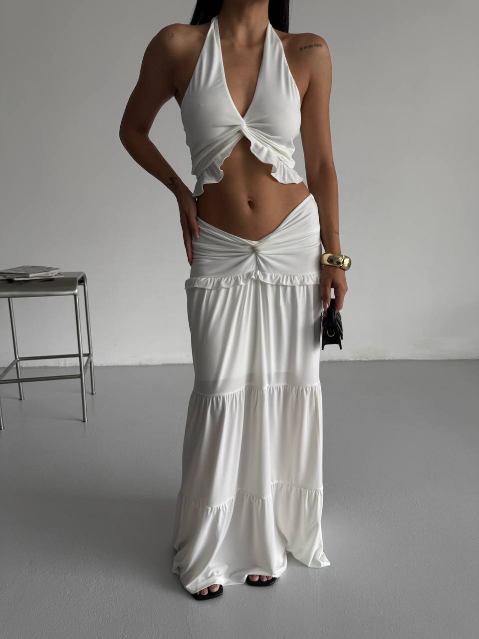 Knot Detail Ruffled Cropped Assymetrical Top and Skirt Set