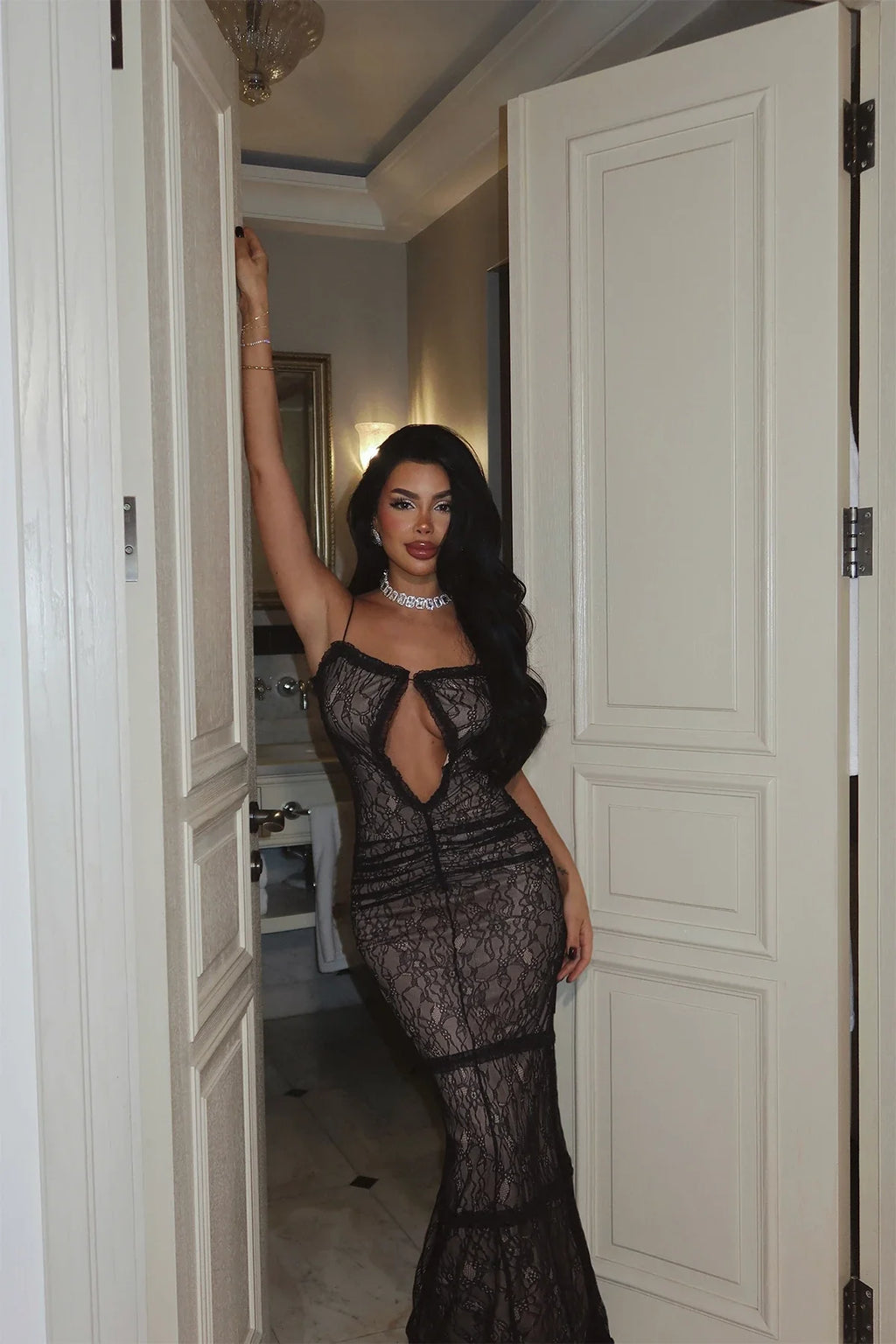 Black Lace Detail Window Dress