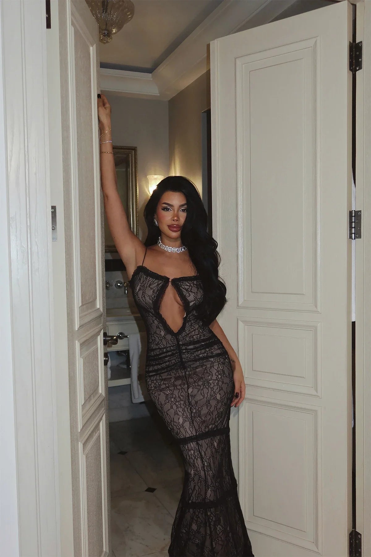 Black Lace Detail Window Dress