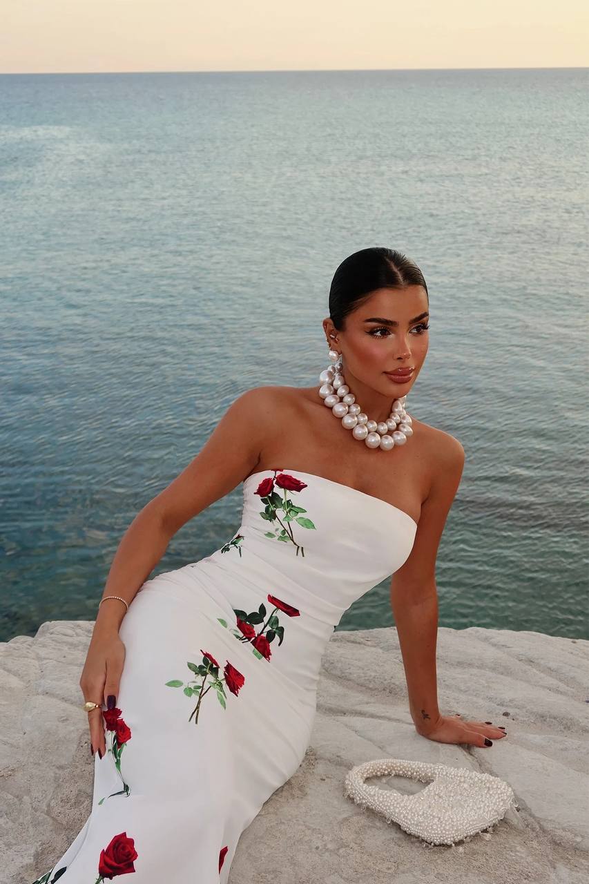 White Rose Pattern Maxi Dress