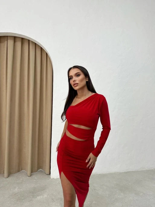 One Sleeve Cut-Out Detail Midi Dress