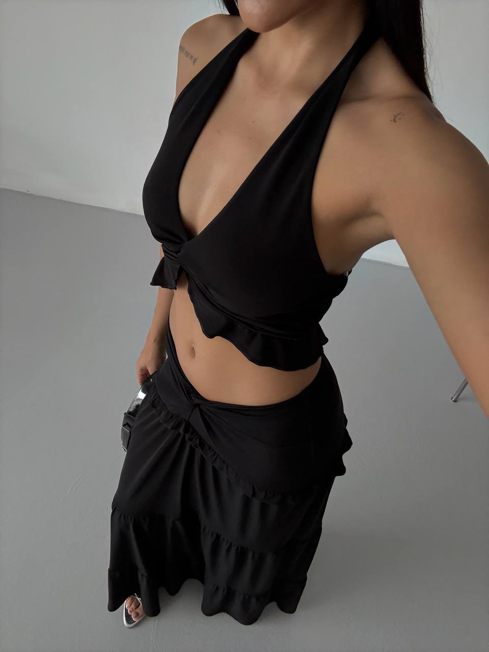 Knot Detail Ruffled Cropped Assymetrical Top and Skirt Set