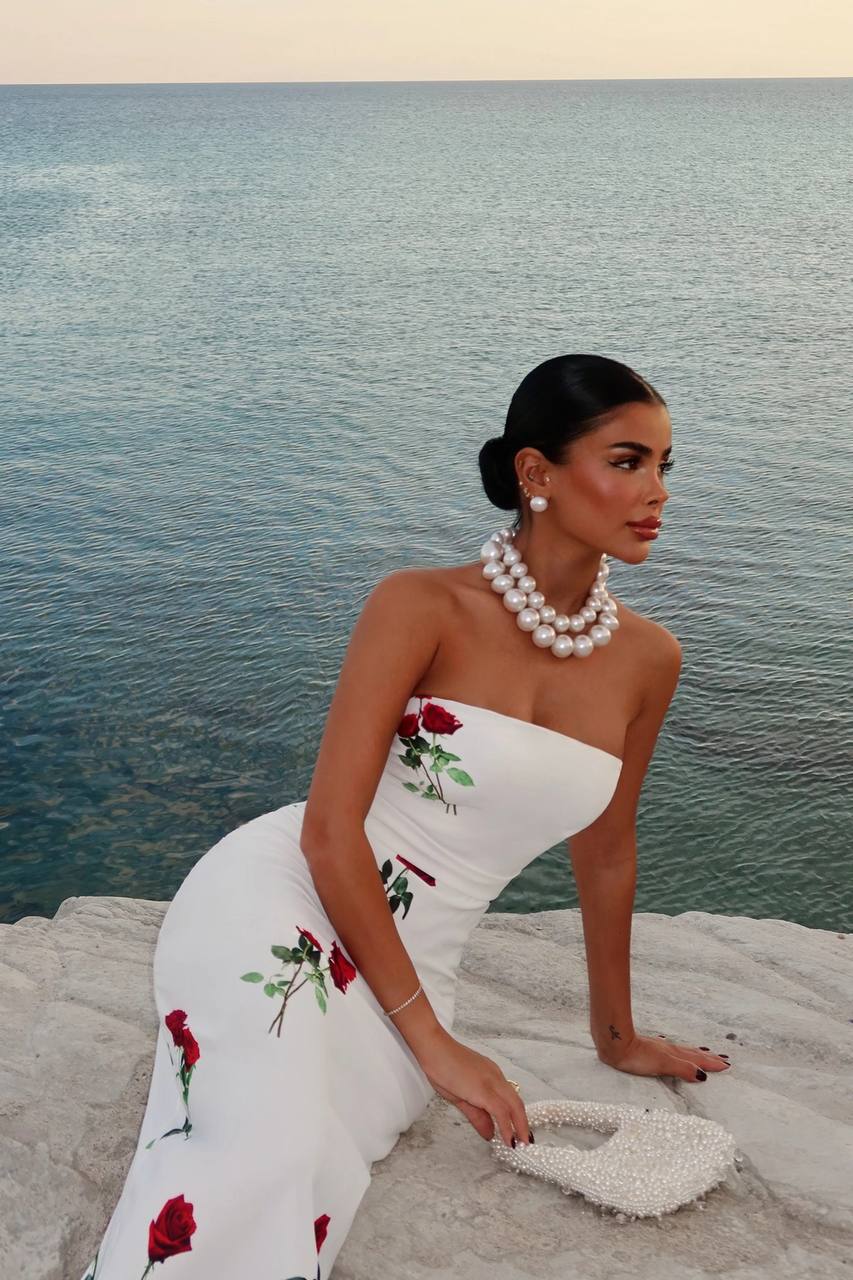 White Rose Pattern Maxi Dress