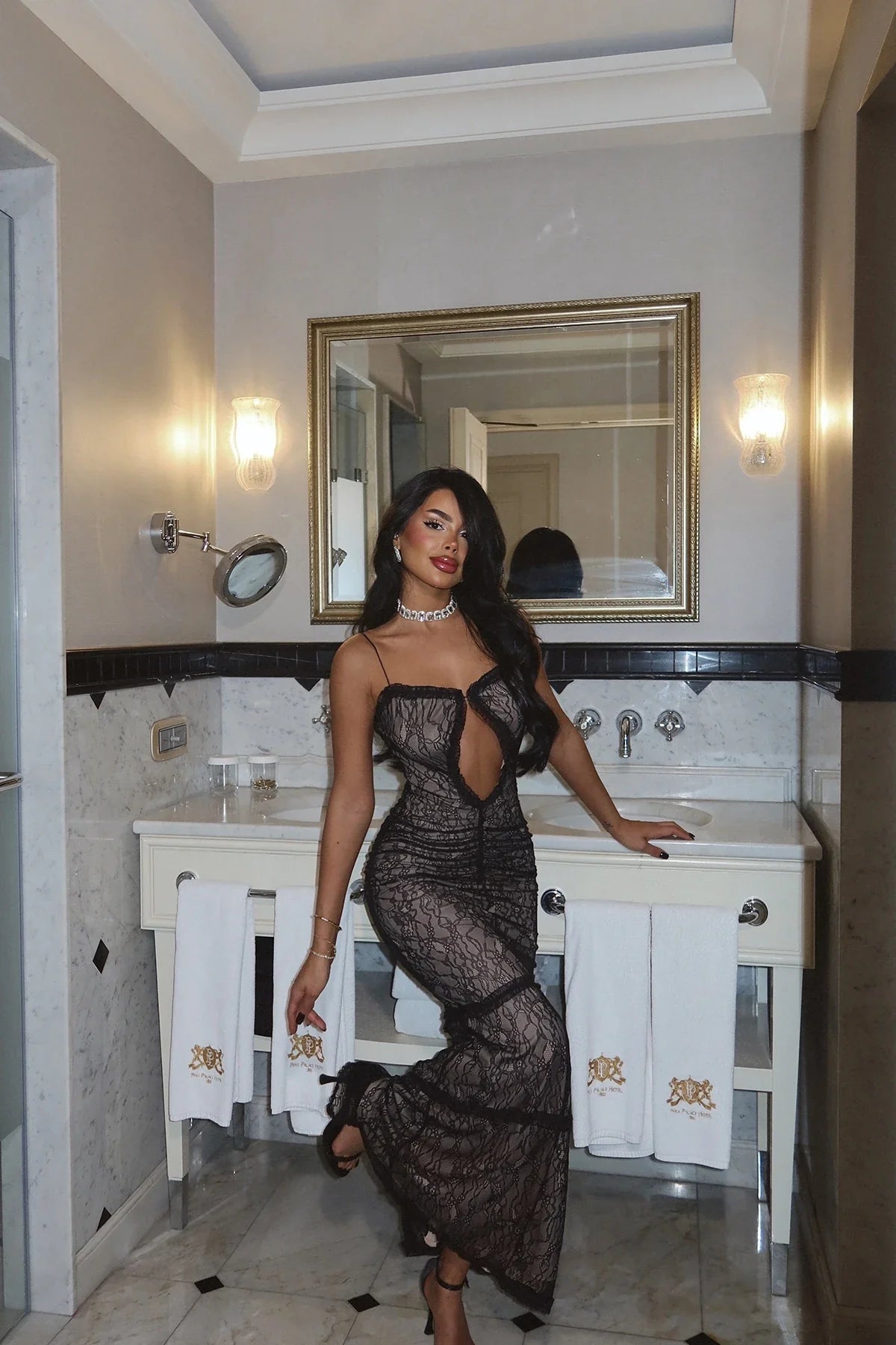 Black Lace Detail Window Dress