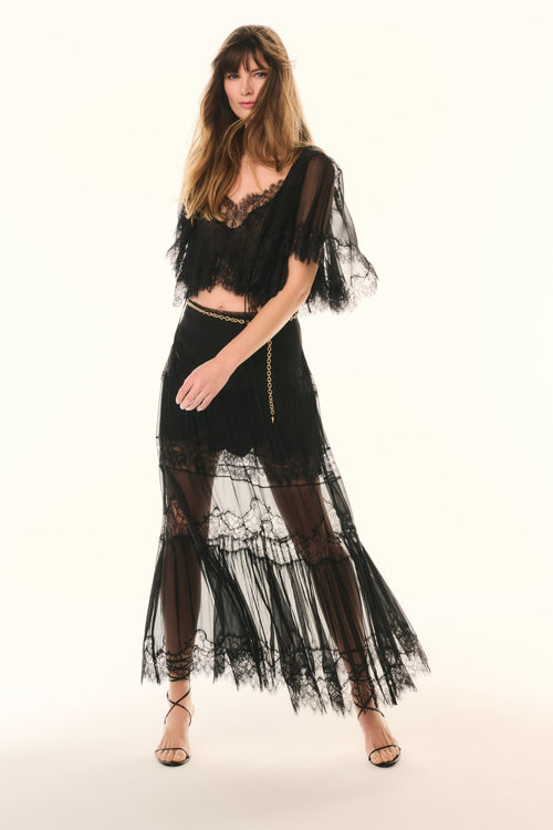 Aureline Silk Lace Pleated Maxi Skirt