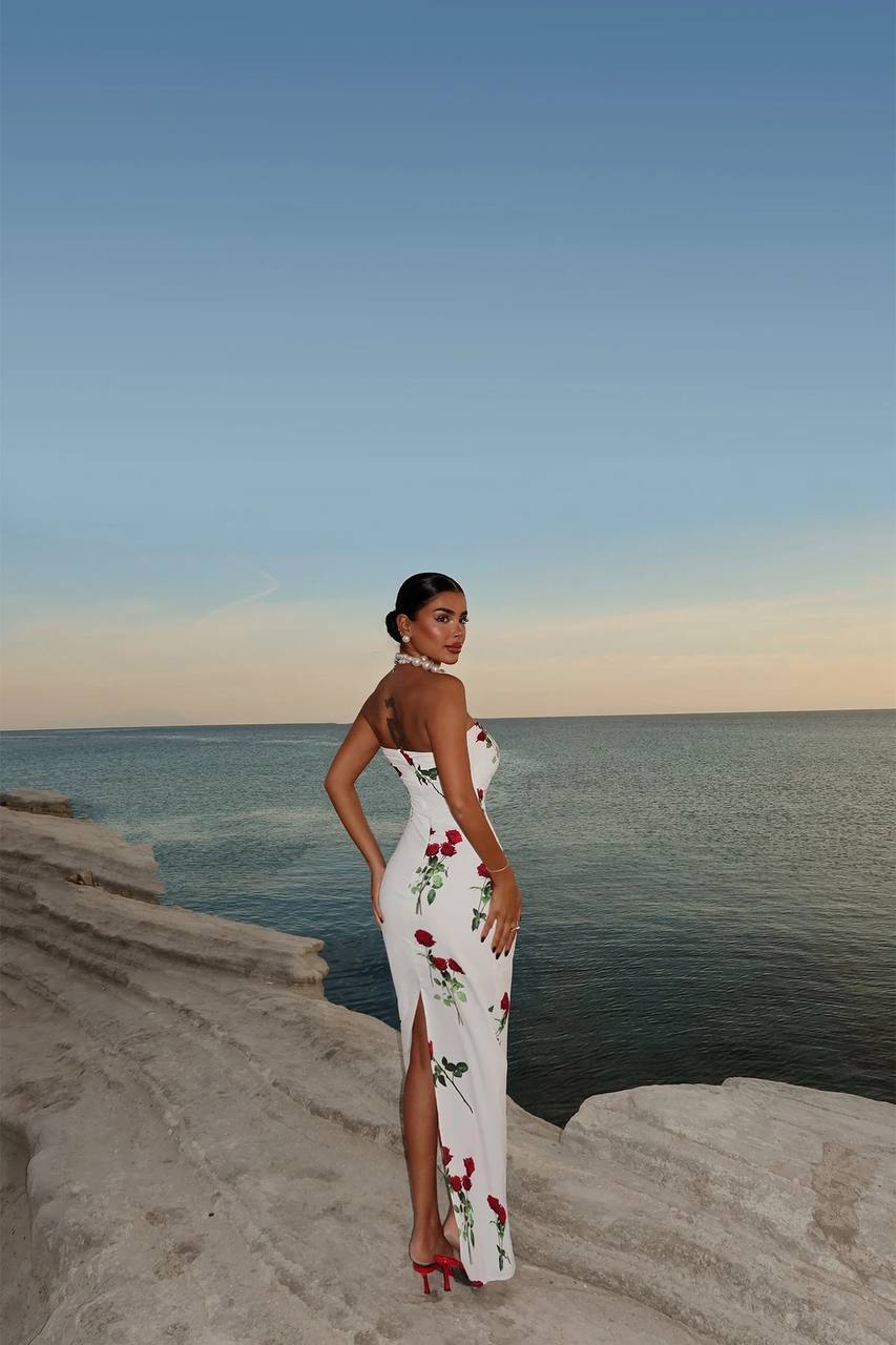 White Rose Pattern Maxi Dress