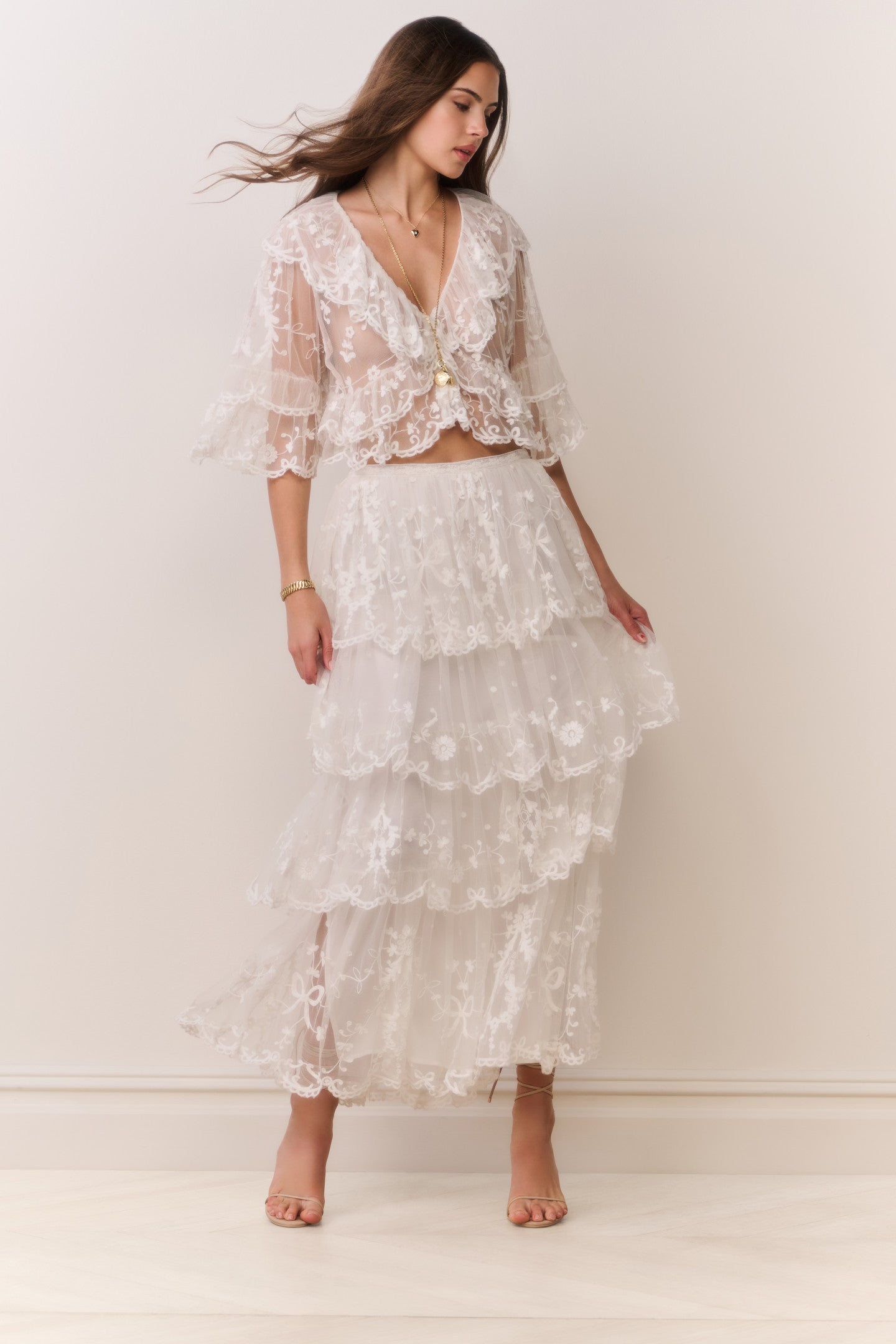Celesa Embroidered Mesh Tiered Maxi Skirt