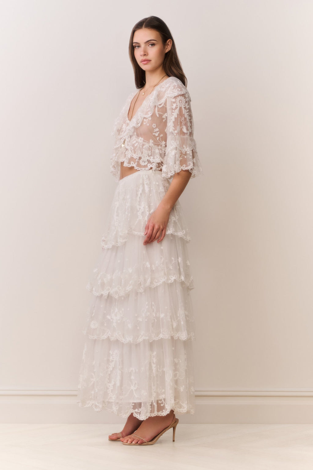 Celesa Embroidered Mesh Tiered Maxi Skirt