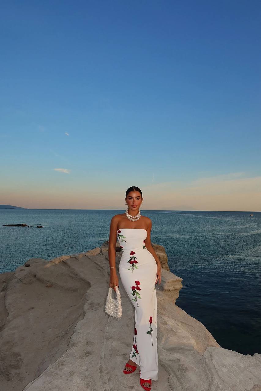 White Rose Pattern Maxi Dress