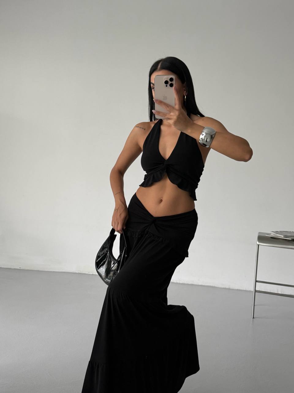 Knot Detail Ruffled Cropped Assymetrical Top and Skirt Set