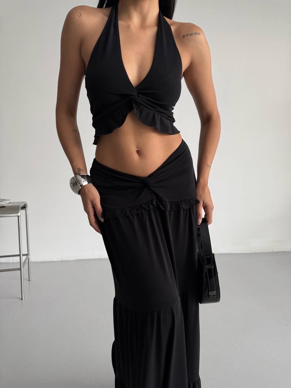 Knot Detail Ruffled Cropped Assymetrical Top and Skirt Set