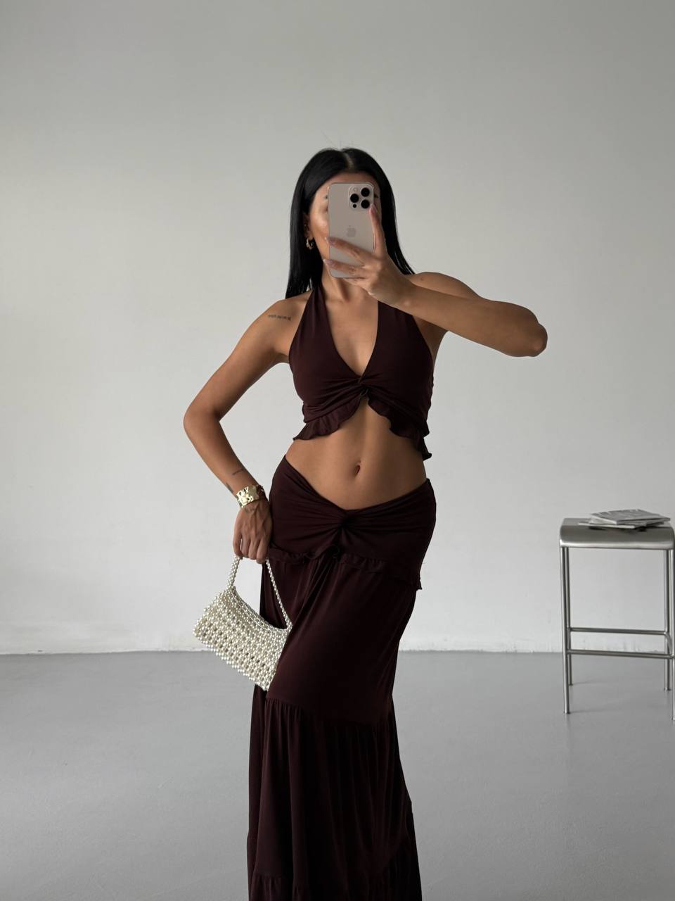 Knot Detail Ruffled Cropped Assymetrical Top and Skirt Set