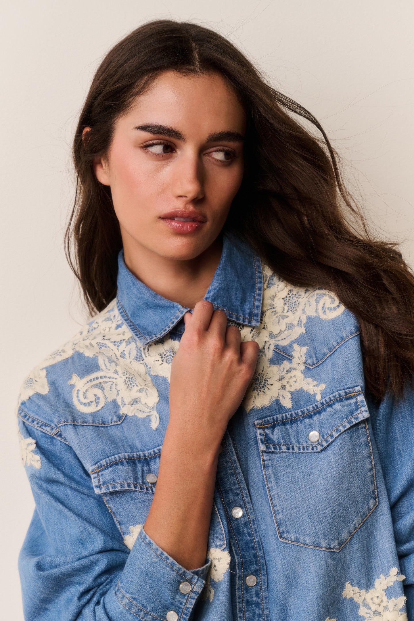 Kelith Lace Appliqué Chambray Shirt