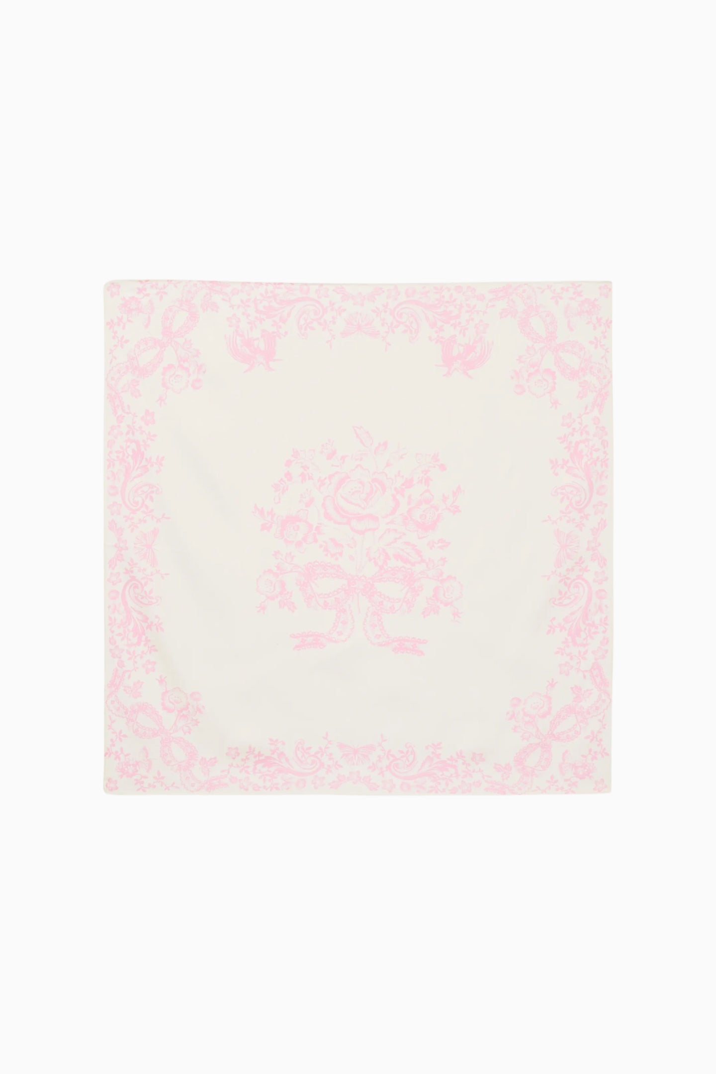 Pink and white patterned square scarf on a white background