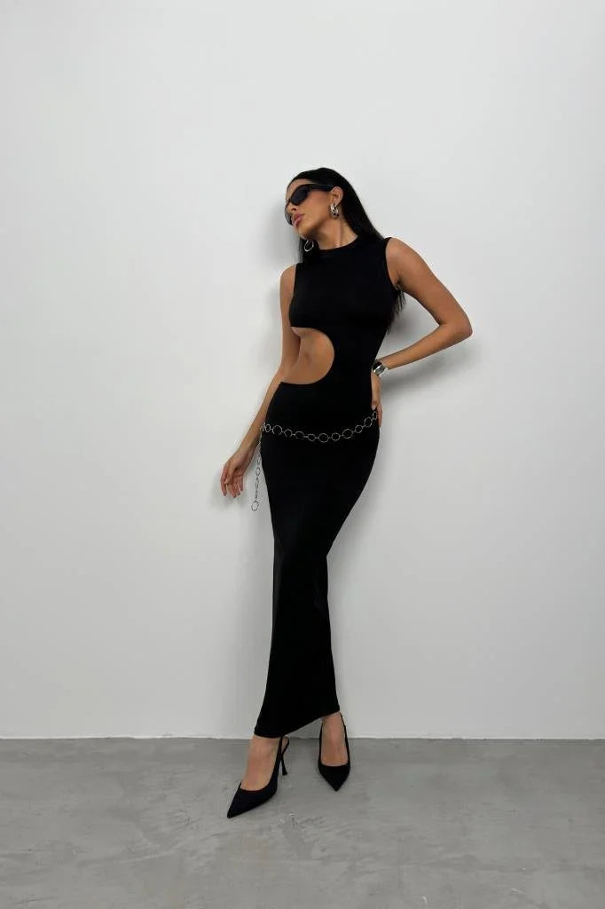 Asymmetric Waist Belt Long Dress