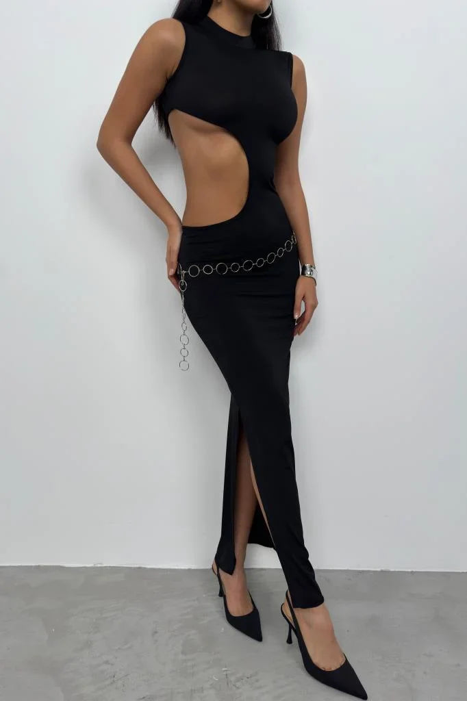Asymmetric Waist Belt Long Dress