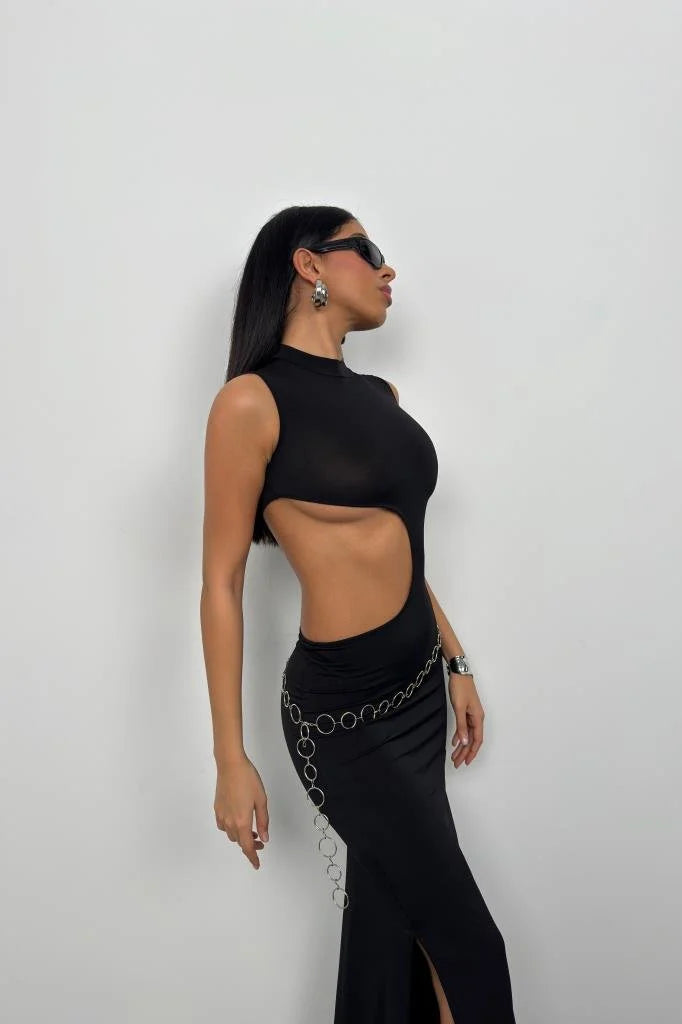 Asymmetric Waist Belt Long Dress