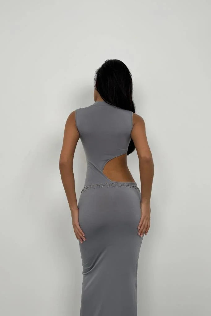 Asymmetric Waist Belt Long Dress