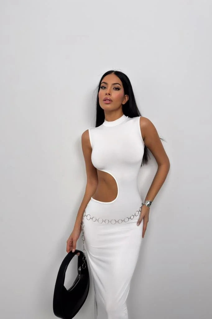 Asymmetric Waist Belt Long Dress