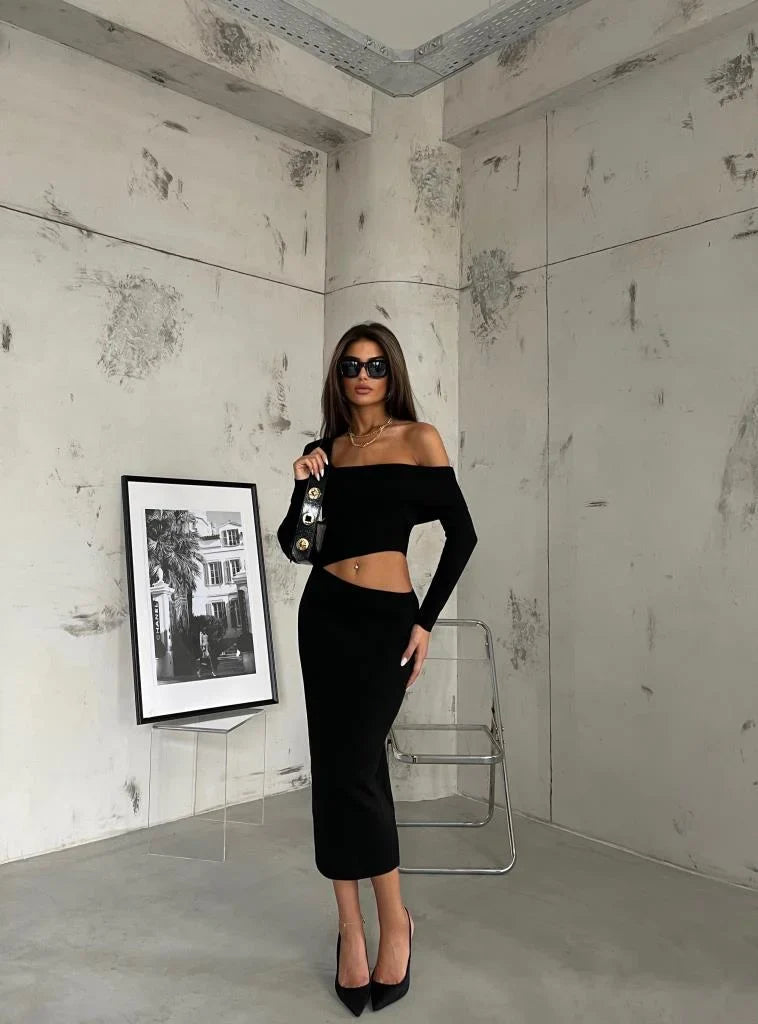Waist Cut-Out One Shoulder Knitwear Midi Dress