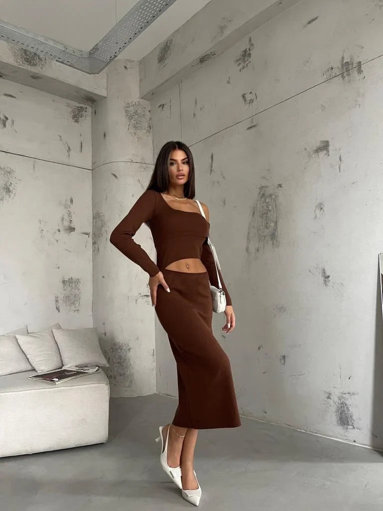 Waist Cut-Out One Shoulder Knitwear Midi Dress