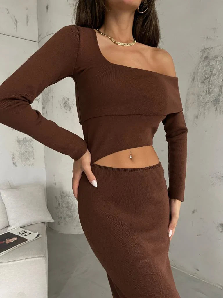 Waist Cut-Out One Shoulder Knitwear Midi Dress
