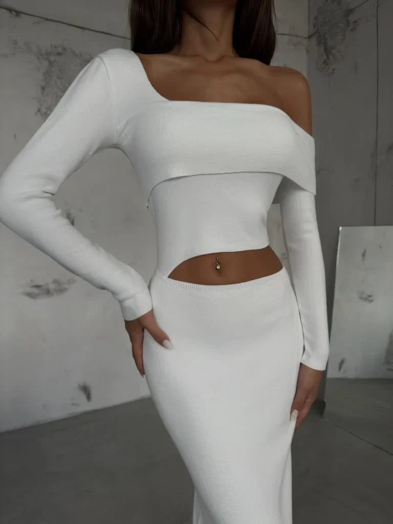 Waist Cut-Out One Shoulder Knitwear Midi Dress