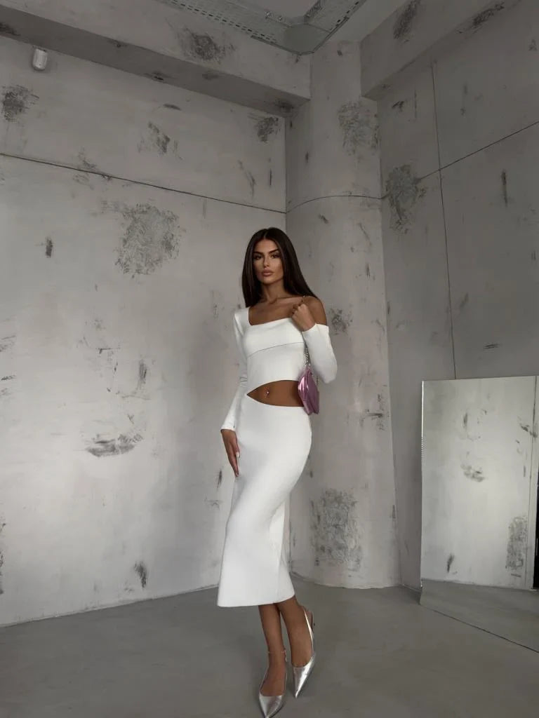 Waist Cut-Out One Shoulder Knitwear Midi Dress