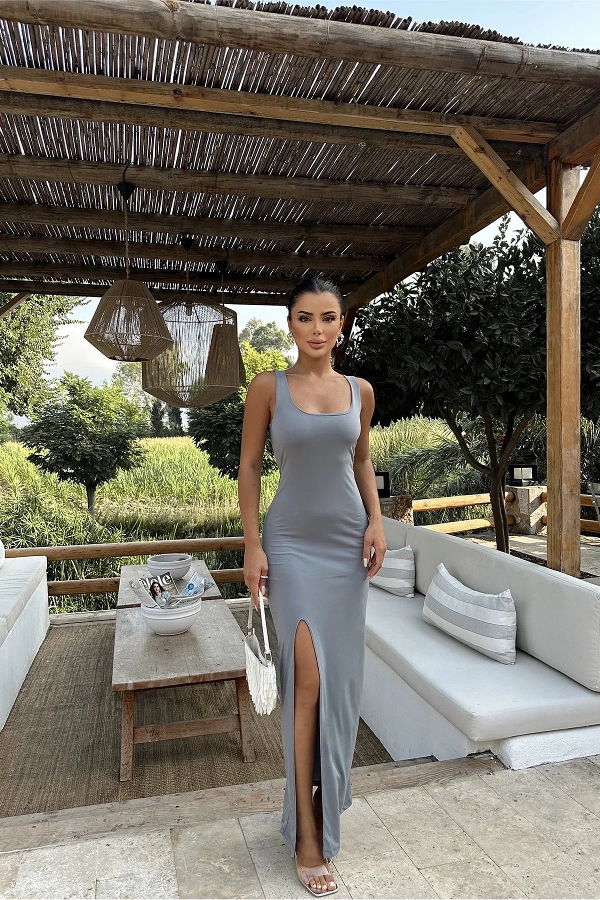 Square Collar Slit Dress