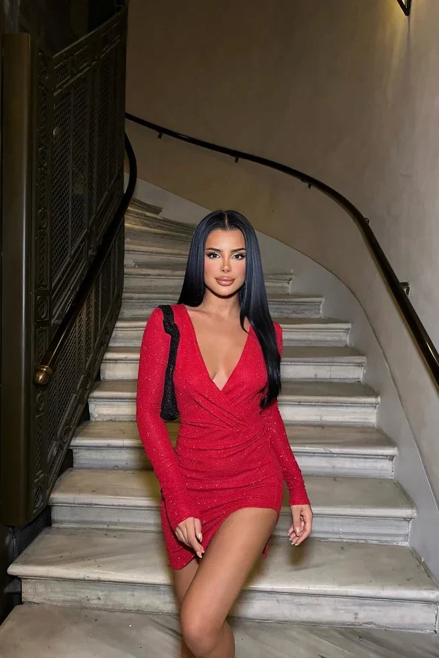 V-Neck Glitter Mini Dress