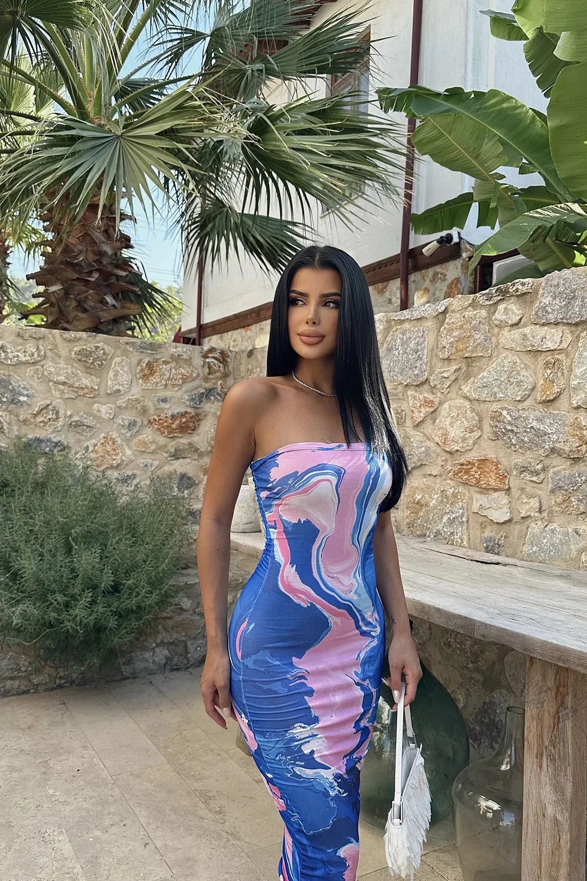 Blue Batik Pattern Strapless Dress