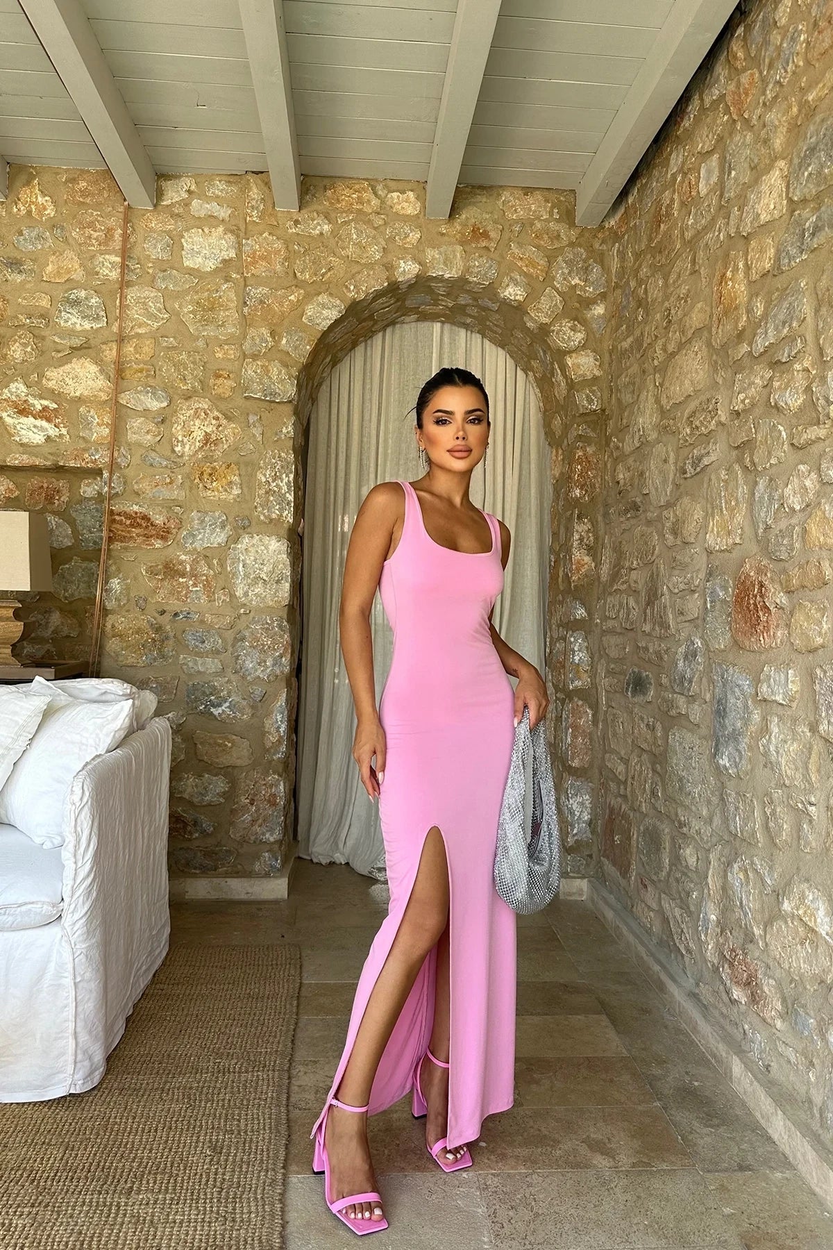 Square Collar Slit Dress