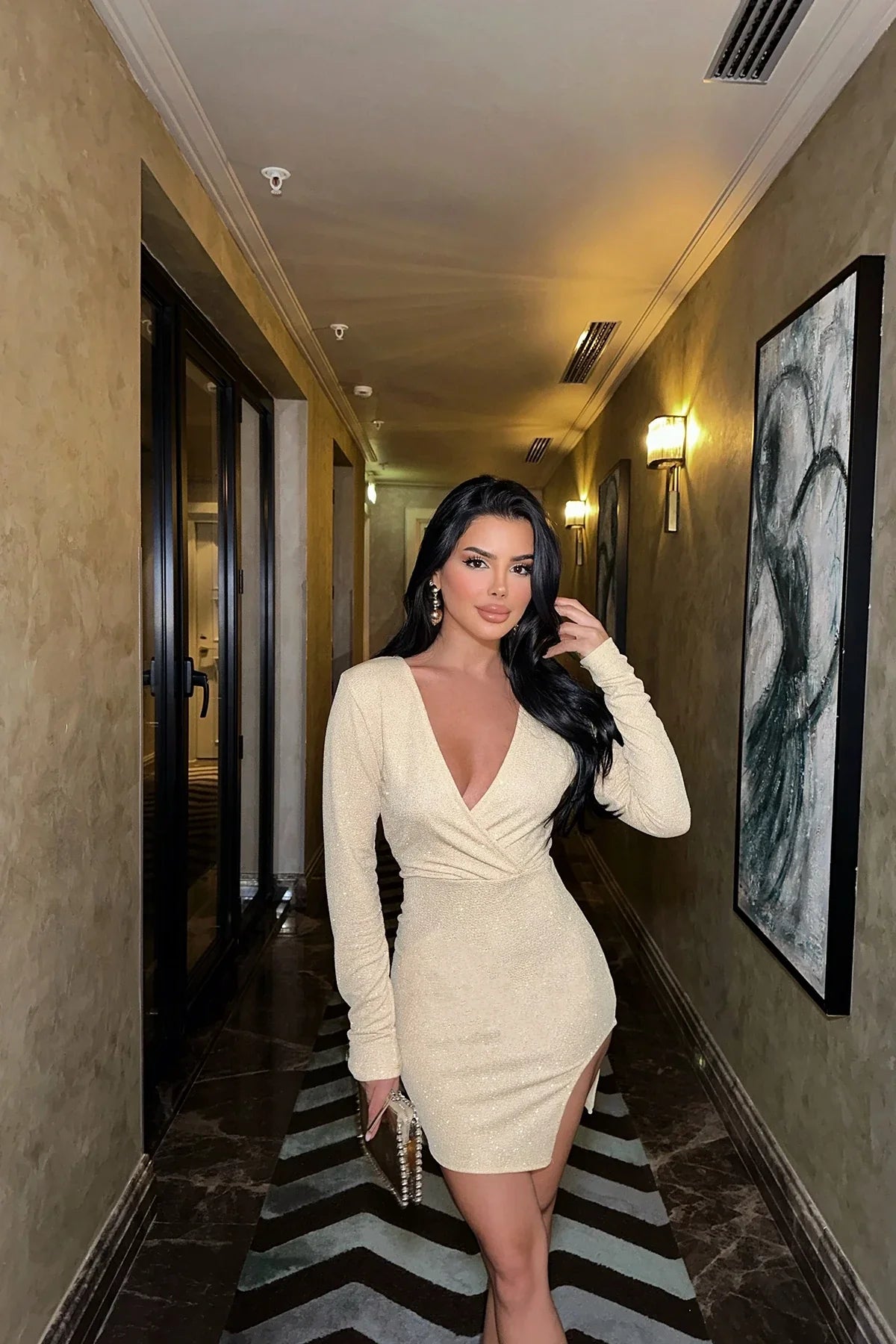 V-Neck Glitter Mini Dress