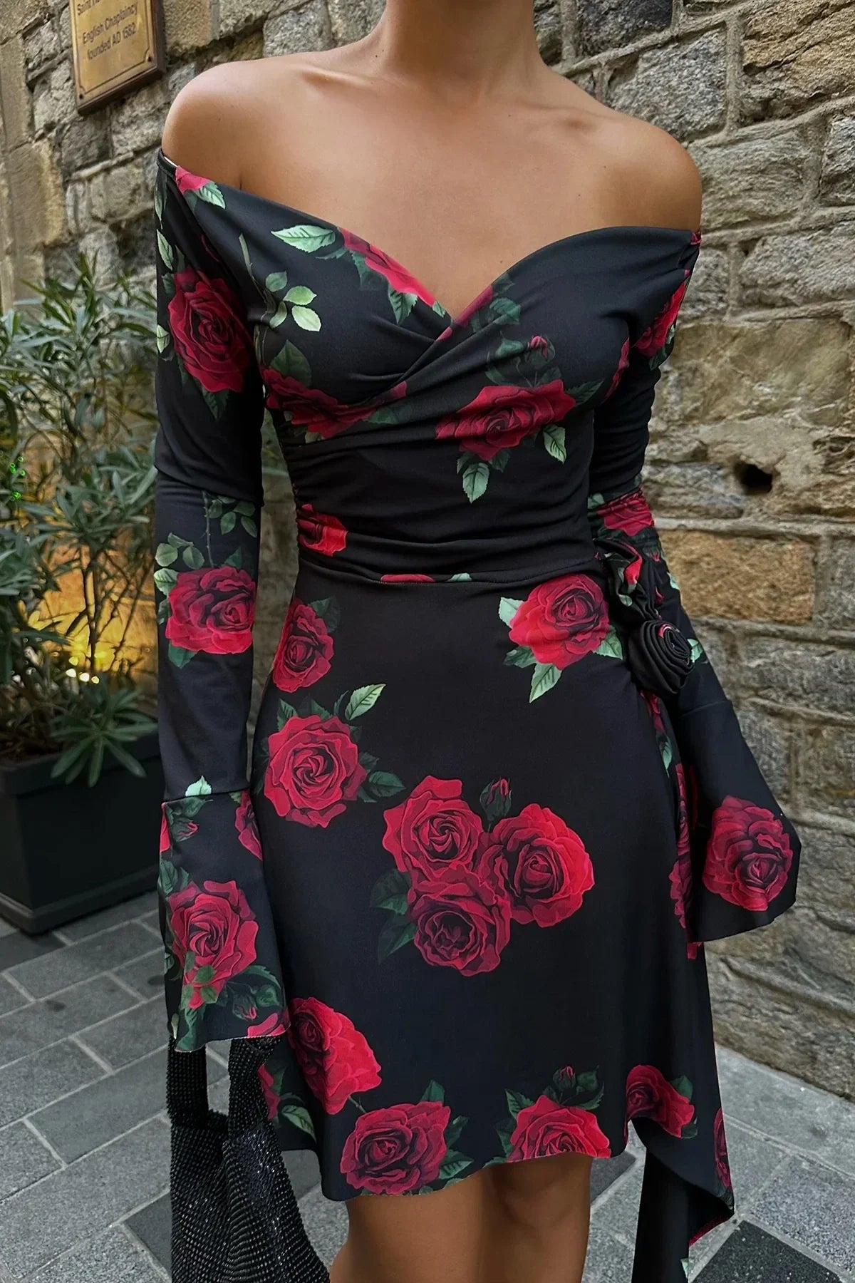 Black Rose Detail Mini Dress