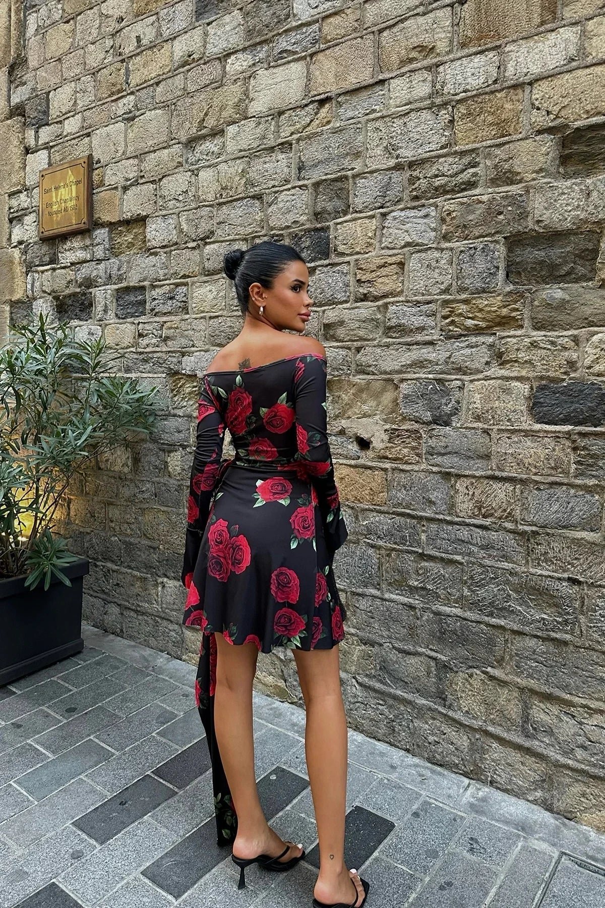 Black Rose Detail Mini Dress