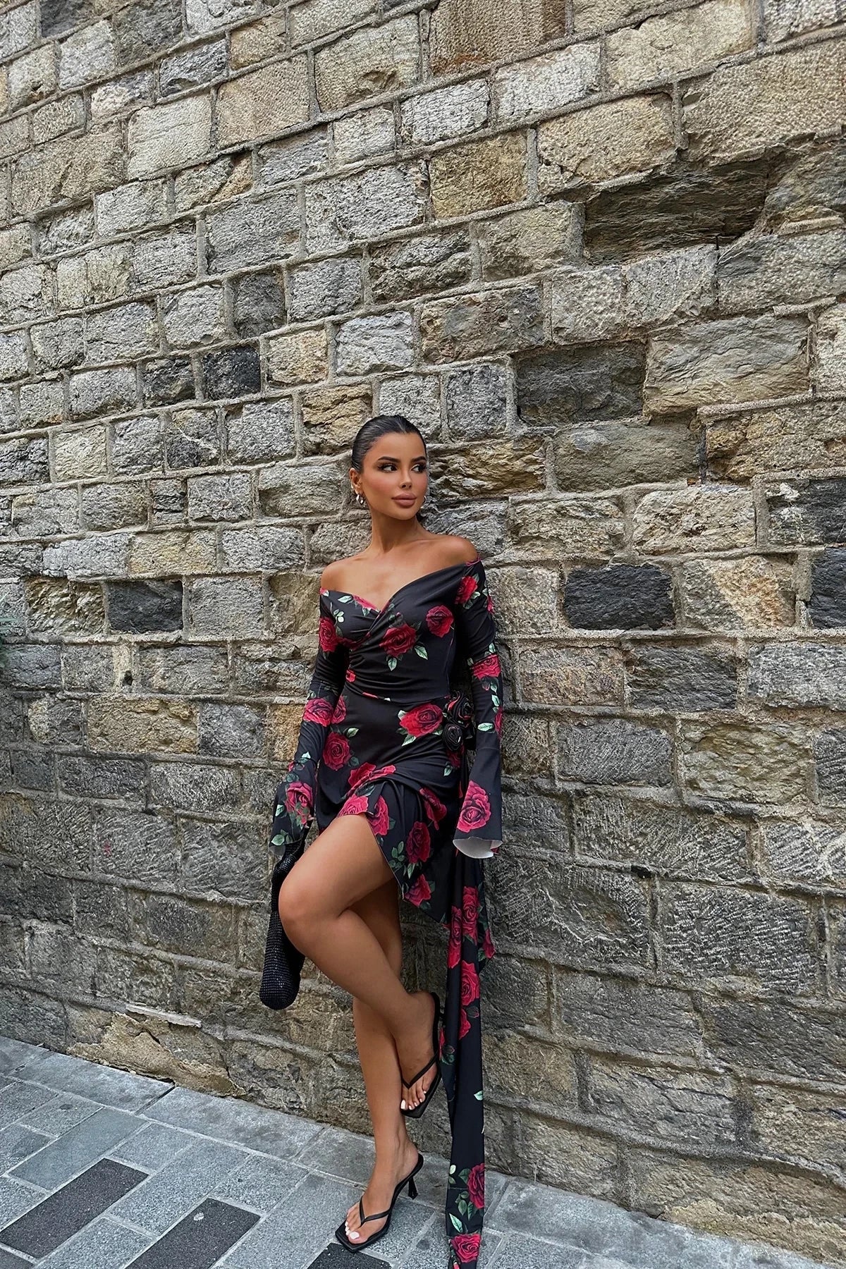 Black Rose Detail Mini Dress