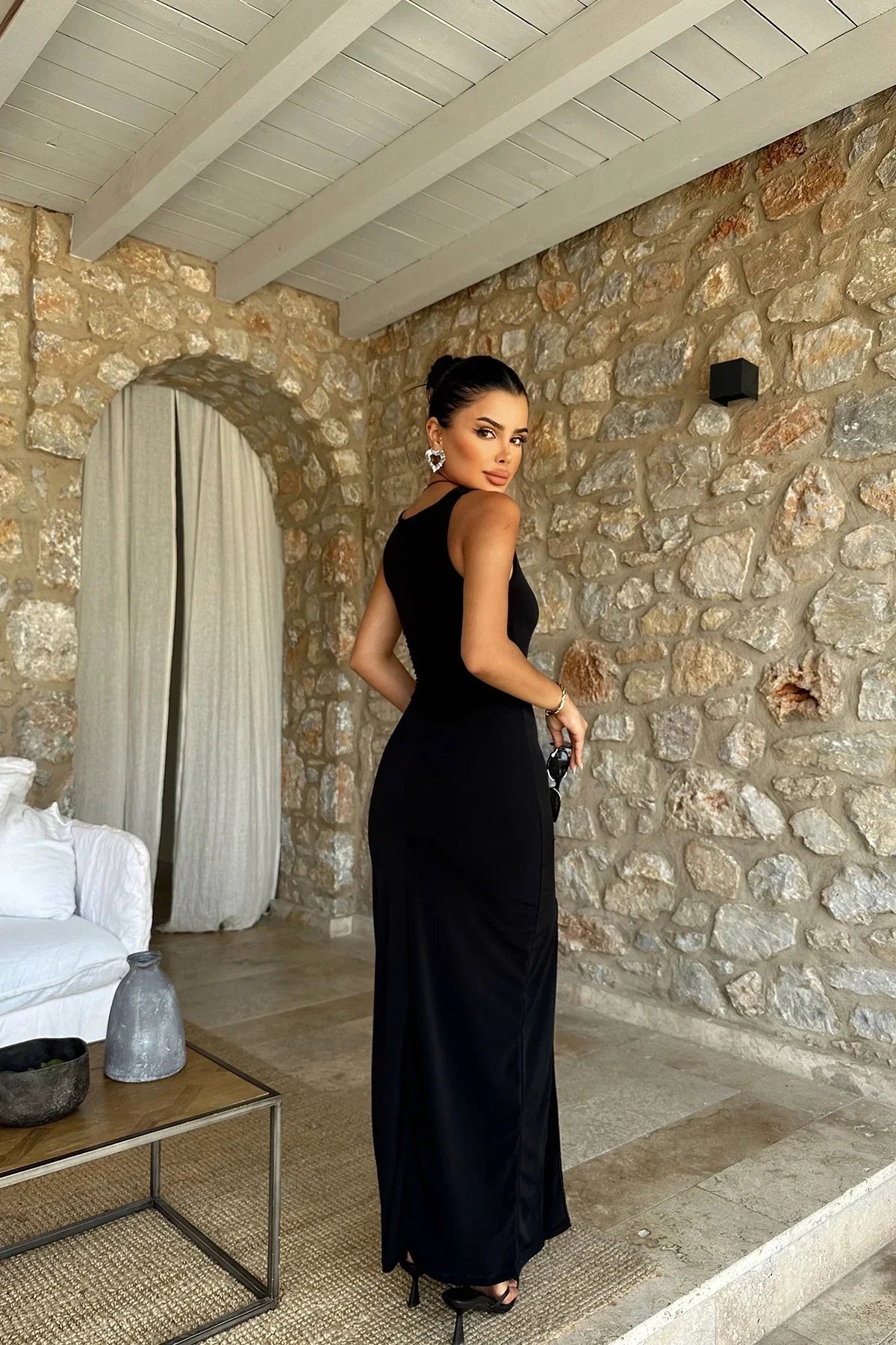 Square Collar Slit Dress