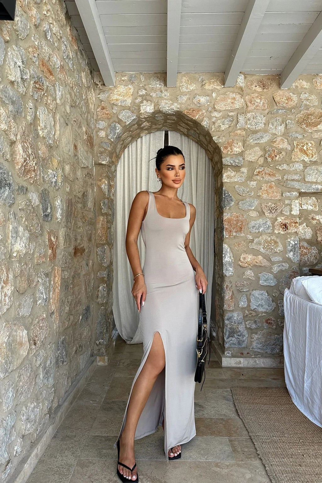 Square Collar Slit Dress