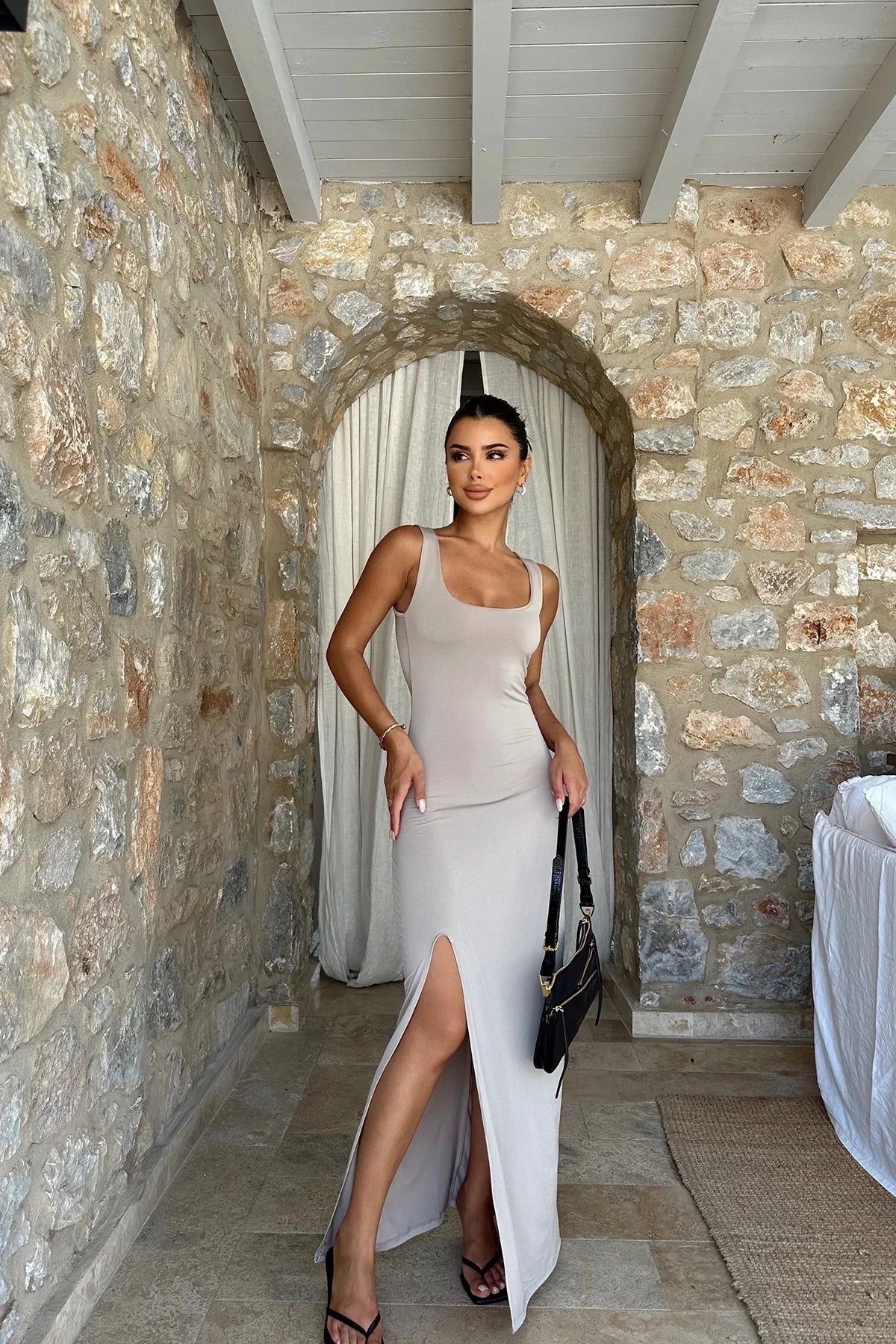 Square Collar Slit Dress