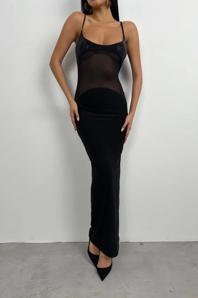 Tulle Garnished Sequined Maxi Dress