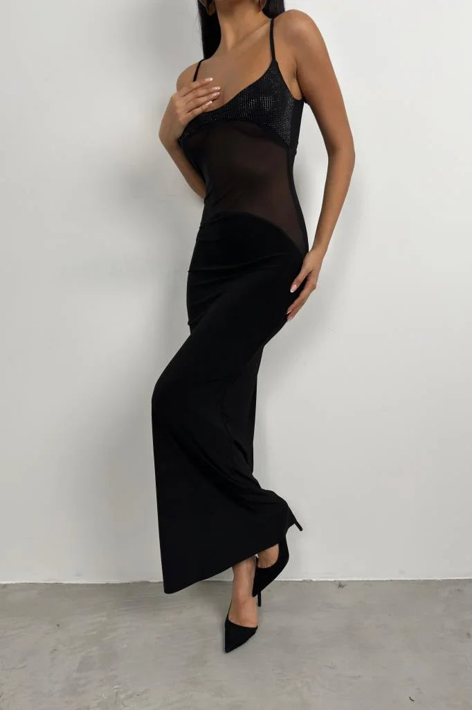 Tulle Garnished Sequined Maxi Dress